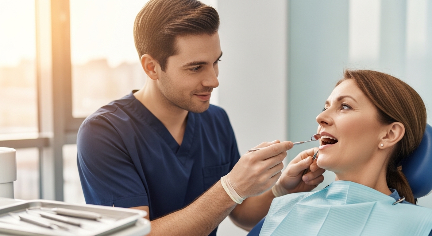 Dentist consulting with a patient about toothache causes and treatment options in a modern dental office.
