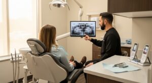Patient consulting a dentist in a modern dental office setting