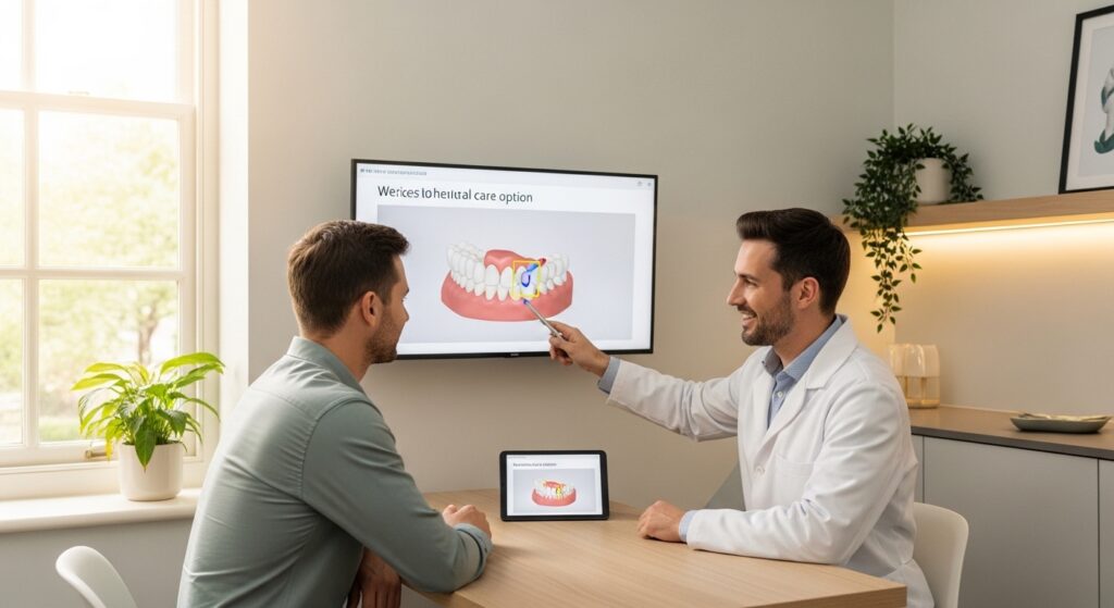 Dentist consulting with patient in a modern dental office