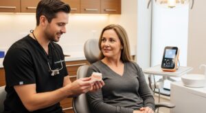 Patient consultation with a dentist about same day dental crowns.