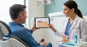 Dentist explains cavity prevention to an adult patient in a modern clinic