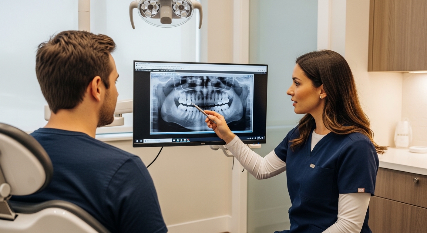 Dentist consulting with a patient using advanced dental technology