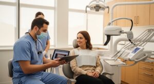 Dentist consulting with a patient in a modern dental clinic