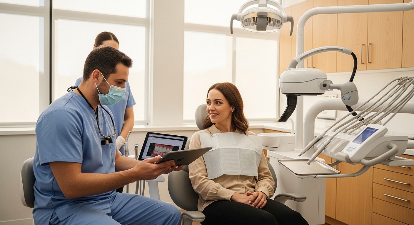 Dentist consulting with a patient in a modern dental clinic