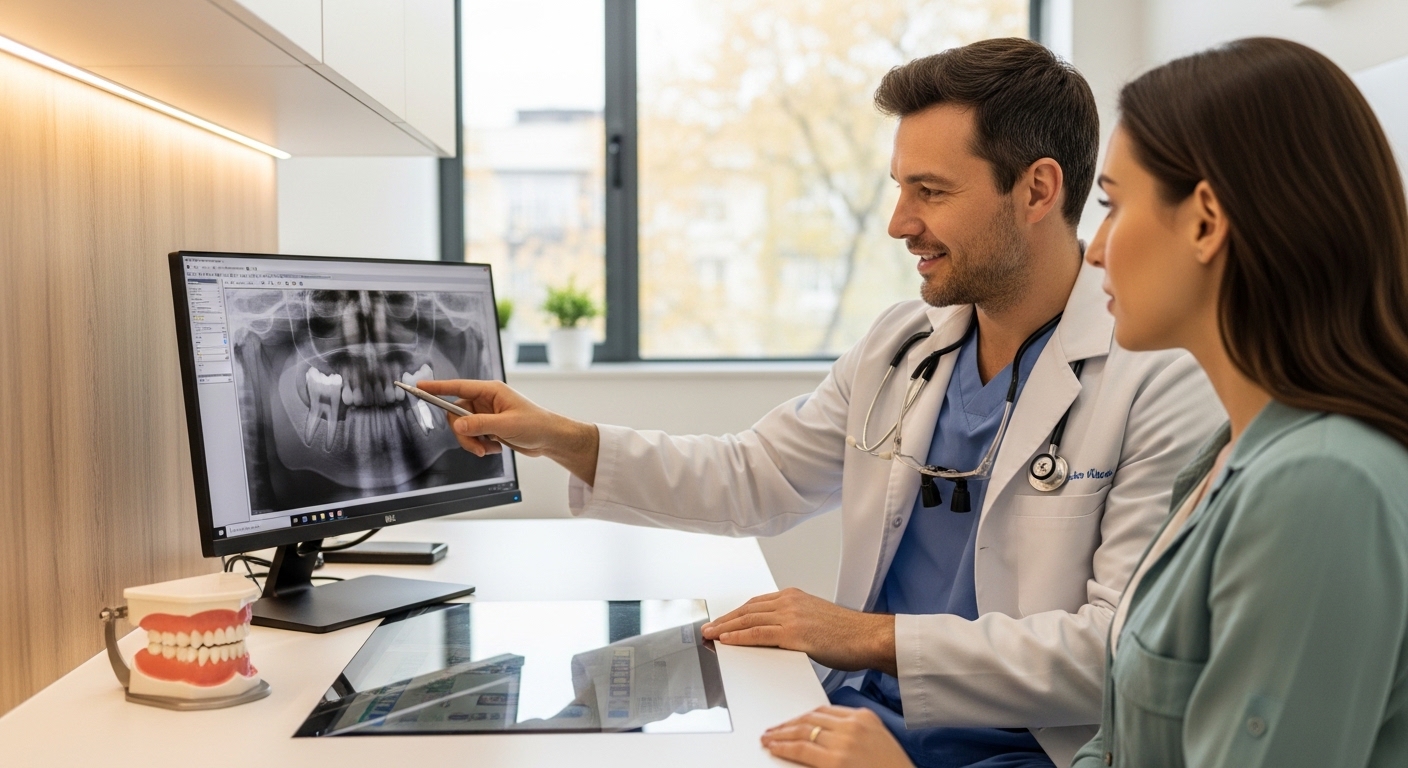 Dentist consulting with a patient in a modern dental office.
