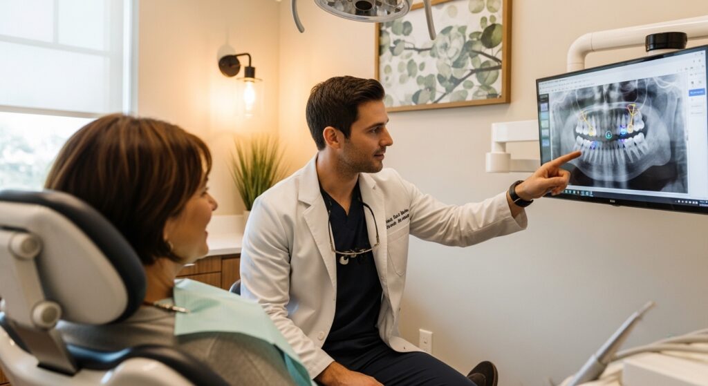 Dentist consulting a patient in a modern Amarillo dental office.
