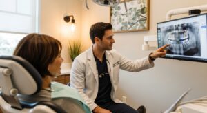 Dentist consulting a patient in a modern Amarillo dental office.