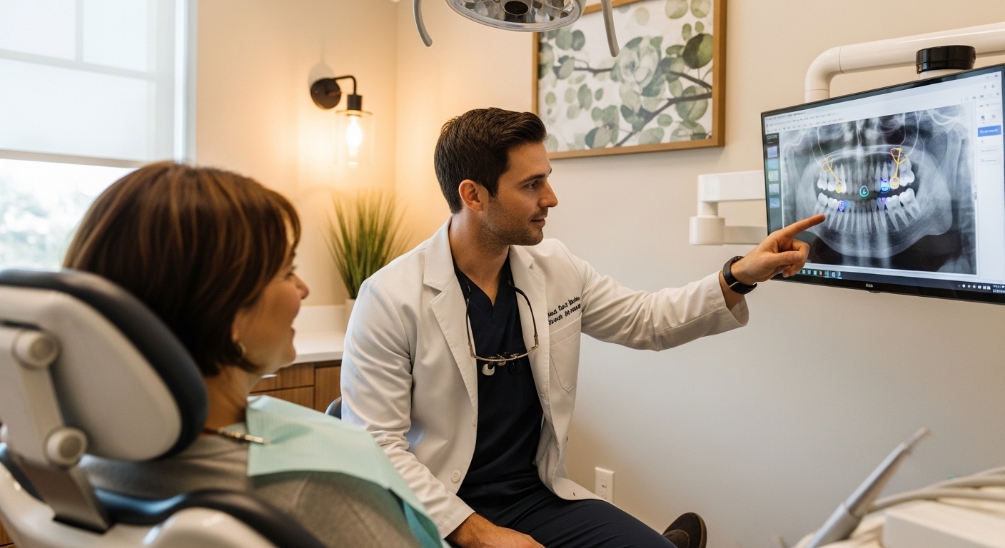 Dentist consulting a patient in a modern Amarillo dental office.