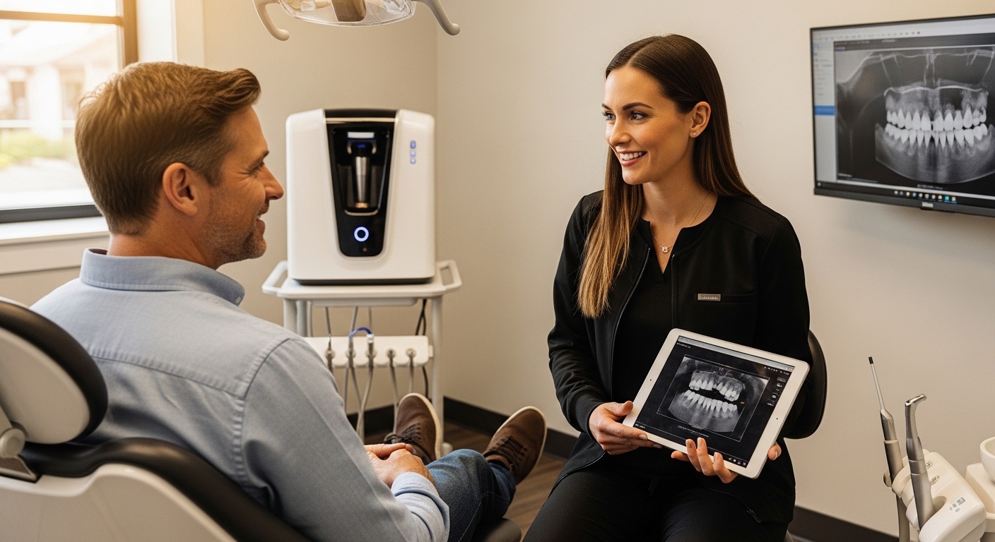 Patient consultation with a dentist in a modern dental office