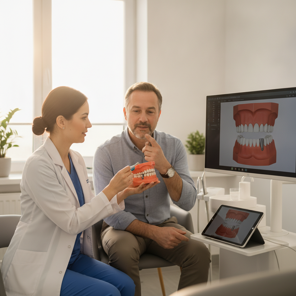 Dentist consulting with a patient about dental implants in a modern office.